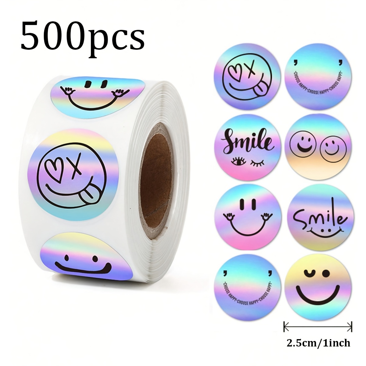 Image of A Roll Of 500 Stickers Featuring 8 , Including Rainbow Laser Patterns And Thank You Faces, Perfect For Rewards And Decorative Gifts