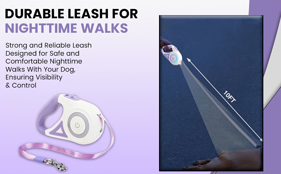16ft 5m Retractable Dog Leash with LED Flash Light - 6 Color Streamer Conversion, Durable ABS Material, Battery-Powered for Nighttime Walks, Purple&Orange Options, Outdoor Pet Accessory | Sleek Pet Leash | Ergonomic Design, Leash for Dogs