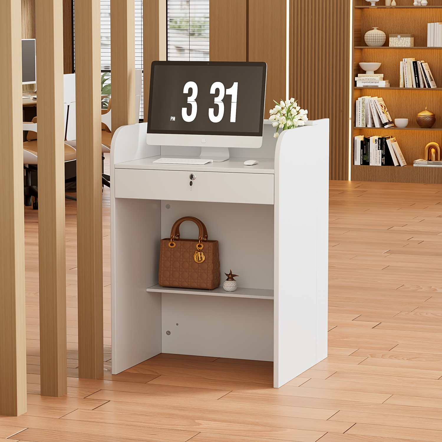 Image of A Modern White Office Desk With A Lockable Drawer, A Small Counter, And A Sturdy Reception Desk Featuring 4 Display Shelves, Measuring 95 X 60 X 60 Cm, Suitable For Offices, Reception Areas, And Cafes