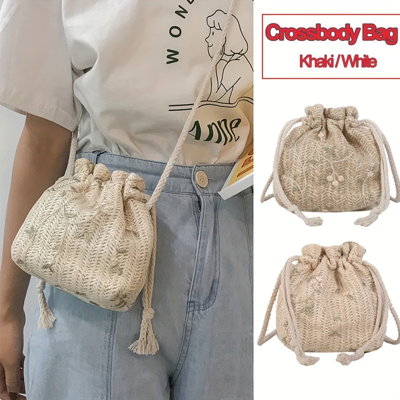 

Women's Braided Drawstring Bucket Bag, Stylish Crossbody Purse, Bohemian Beach Handbag, Crochet Woven Shoulder Bag, Lightweight Fashion Accessory For Women