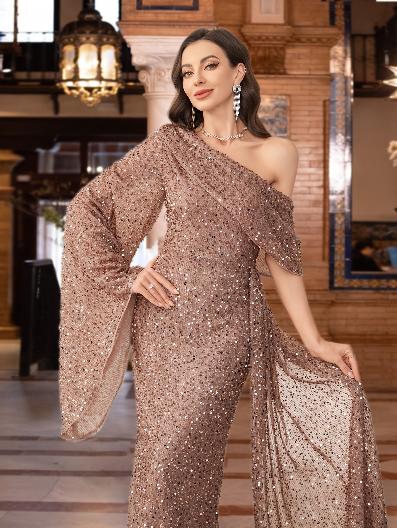 beige sequin long dress Mac Duggal - Beige Sequin V-Neck Flutter Sleeve Gown main image 0