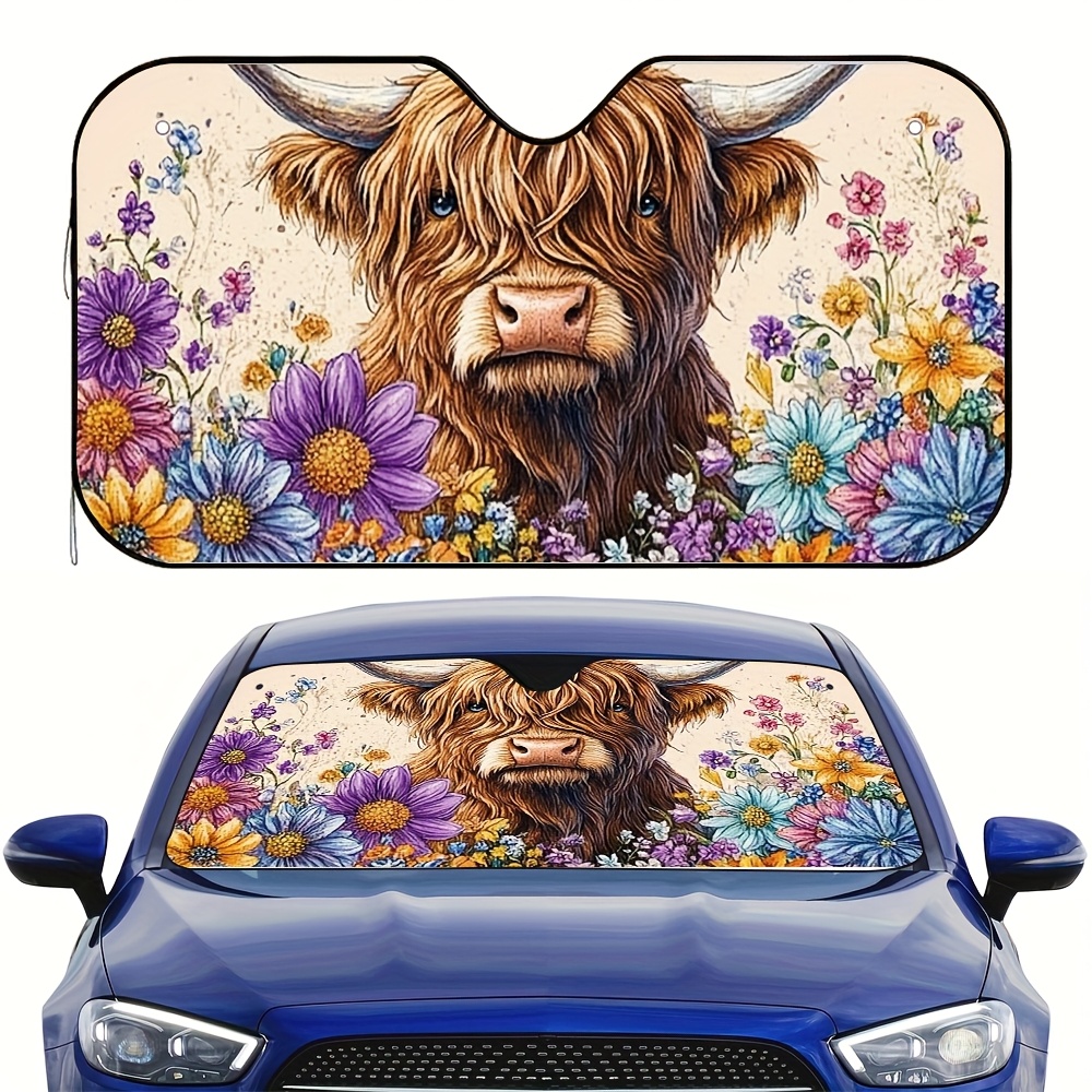 TEMU 1pc Highland Cow Floral Car Sun Visor - Universal Fit Spring Flowers Design, Heat-reducing For Drivers & , Interior Accessory