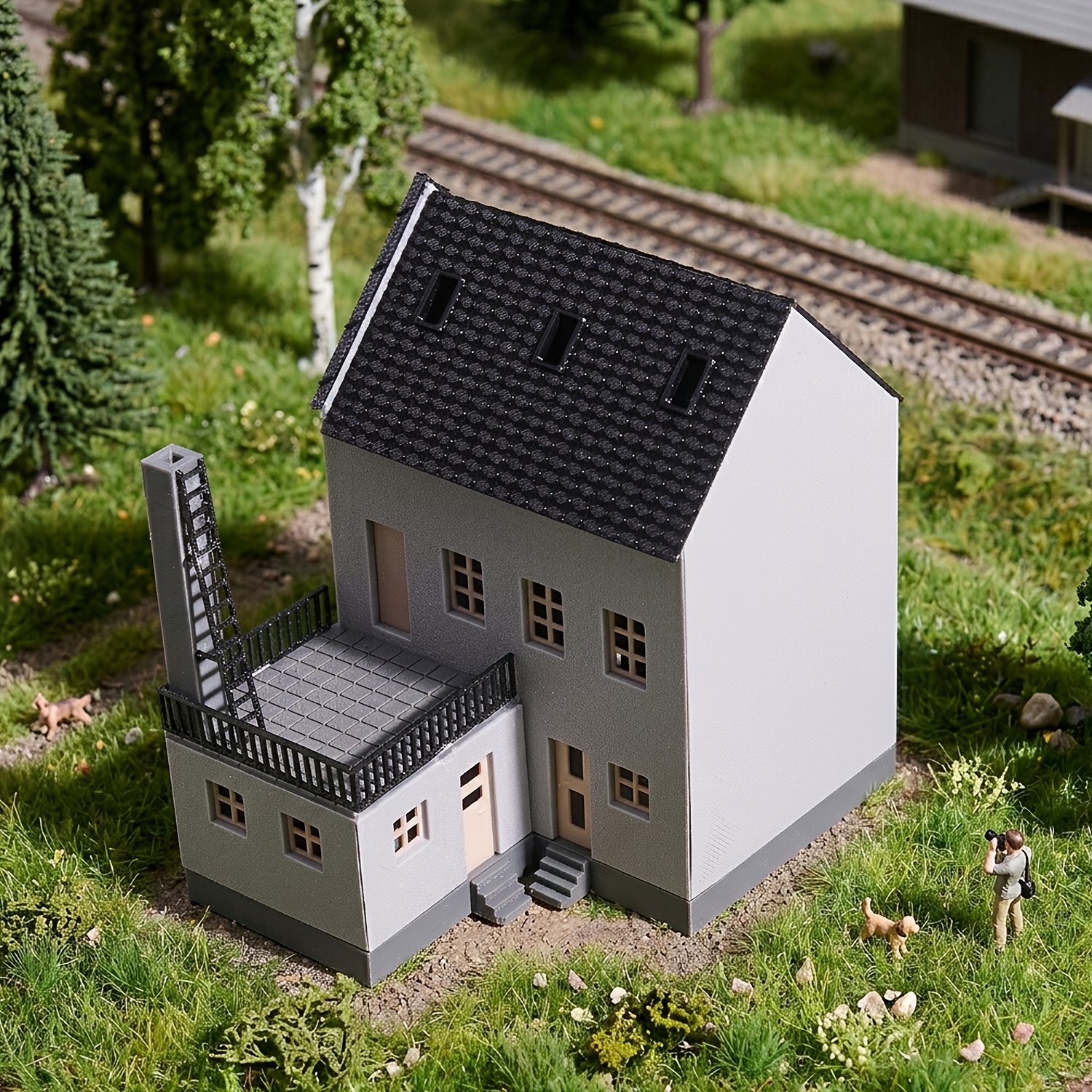 TEMU Ho Scale 1:87 European Two-story Model Kit, 3d Printed Miniature Detached Residential Building With Rooftop Terrace And Chimney For Train Layout