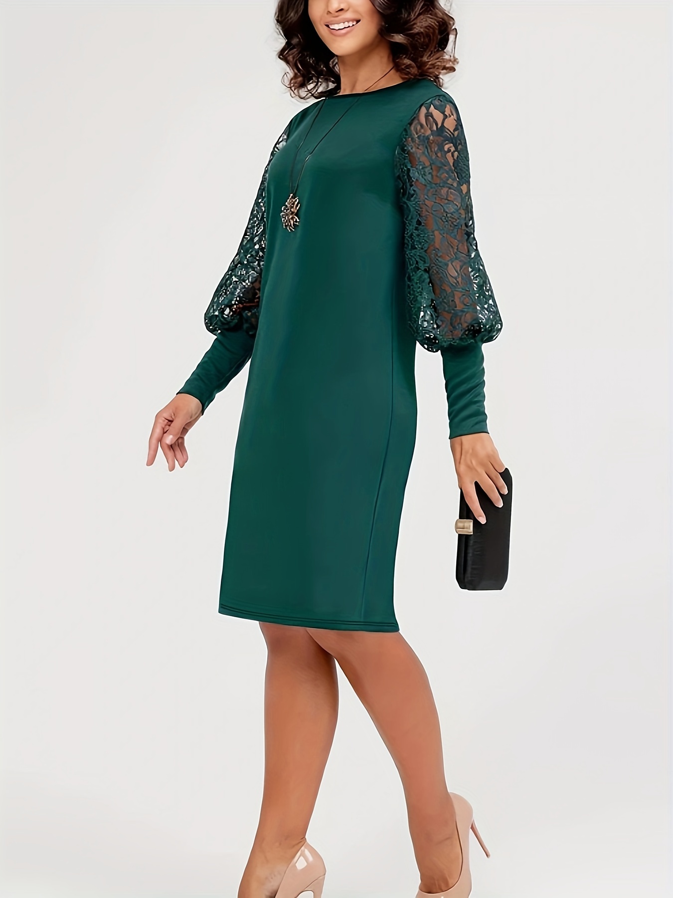 hollow stitching lace dress woman Autumn V-Neck Sleeve Lace Hollow Out Dress Embroidery Long Dresses Woman  Stitching Ruffle A-Line s1 White L at Amazon Women's Clothing store