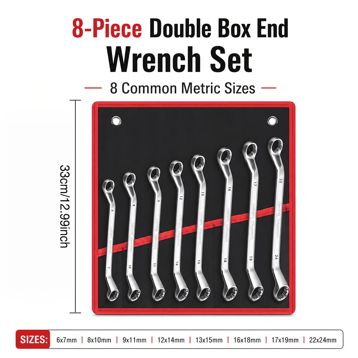 Image of 8pcs Offset Wrench Set, Metric, 6-24mm, Steel, In A Wheeled Storage Bag, Suitable For Automotive Repair, , And Other Applications