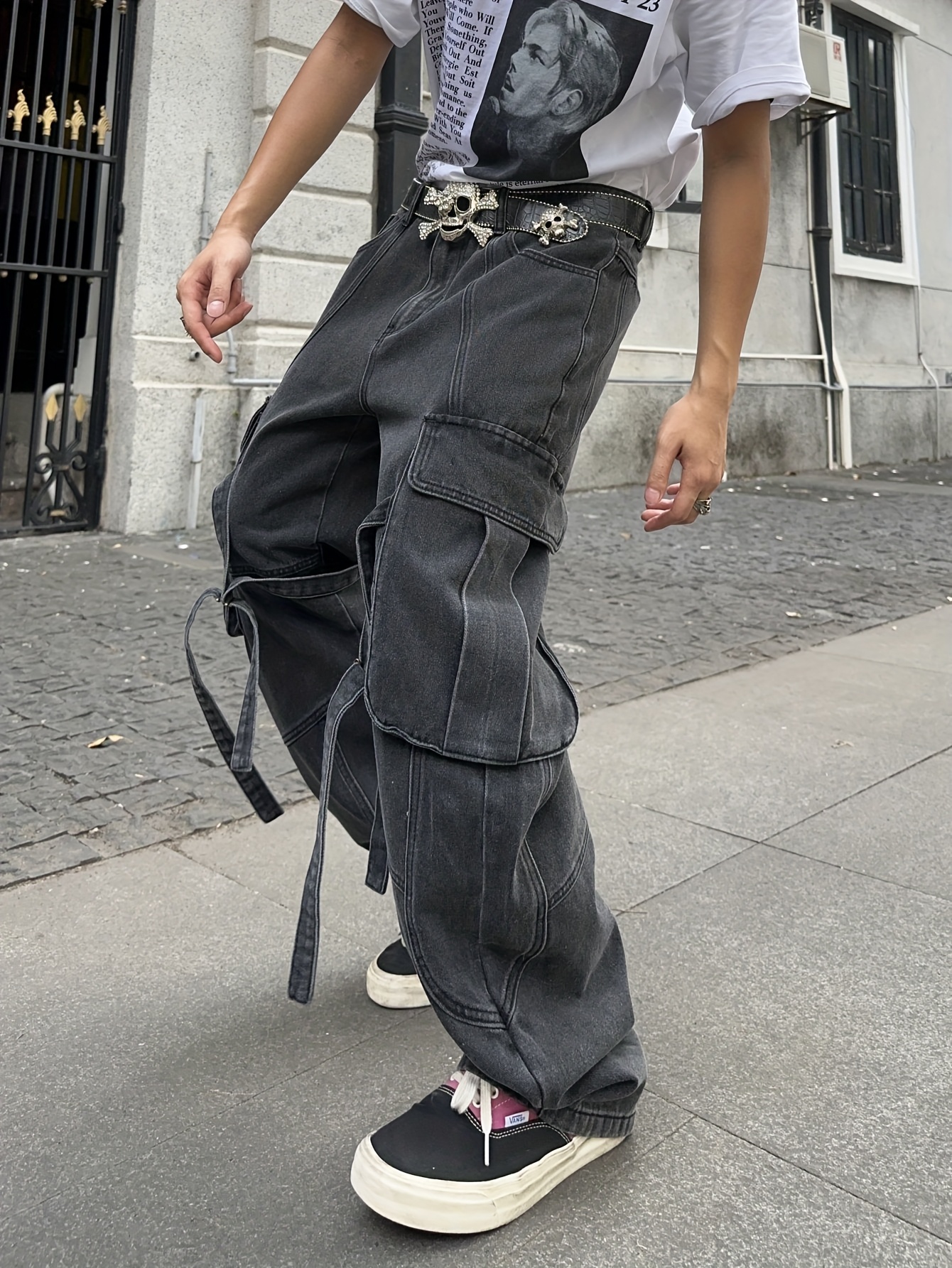 mens y2k goth cargo jeans wide leg baggy pants button - Temu