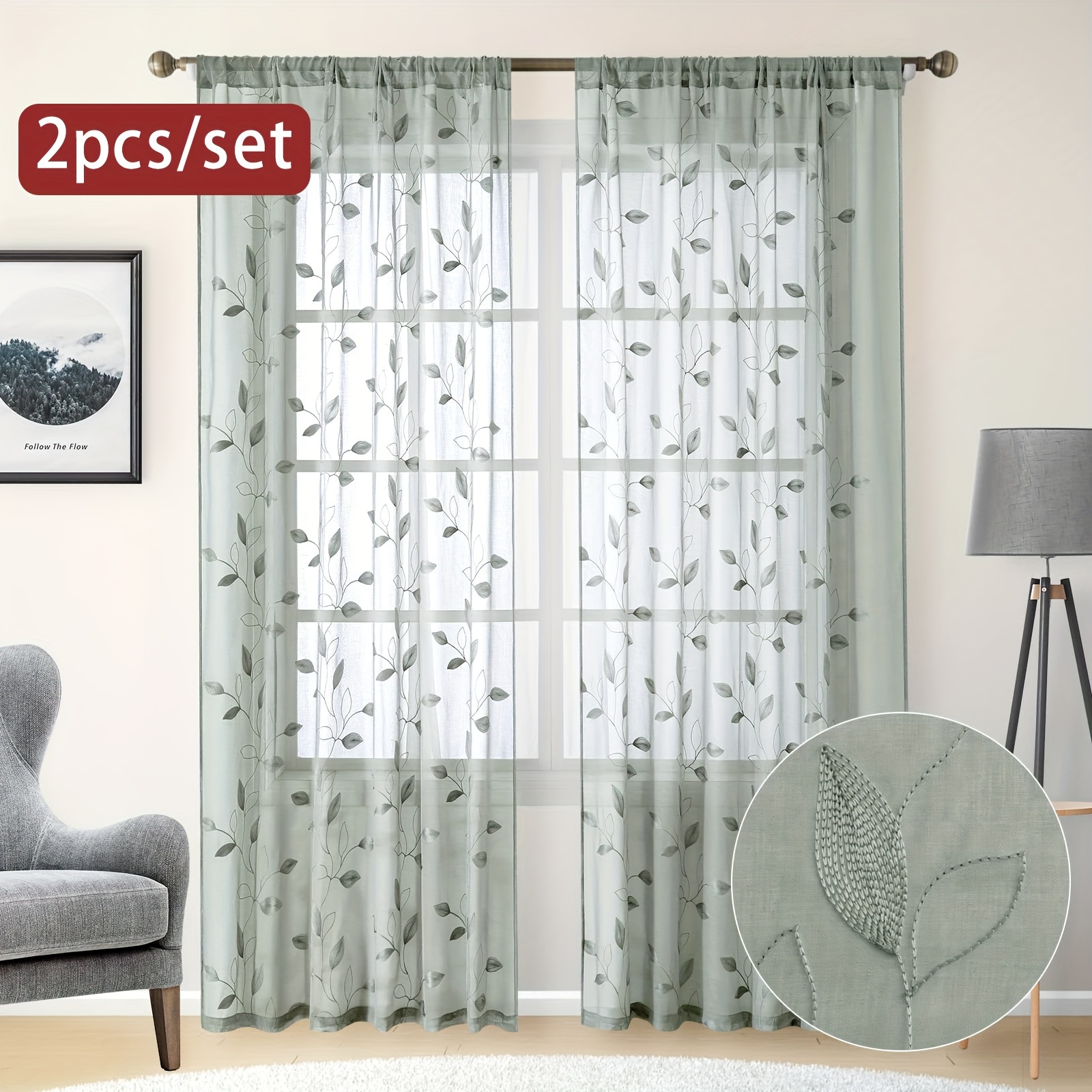 

2pcs Embroidered Leaf Pattern Sheer Curtains, Rod Pocket Polyester Drapes For Bedroom, Living Room, Kitchen - Machine Washable, Decorative Window Treatments, Semi-transparent, Bathroom