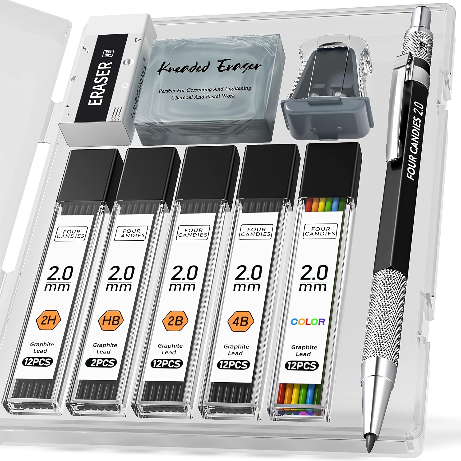 TEMU Fourcandies1pcs/3pcs 2mm Mechanical Pencils With Case, Artist Lead Pencil Metal Lead Holder With Graphite Lead Refills, Eraser, Sharpener,