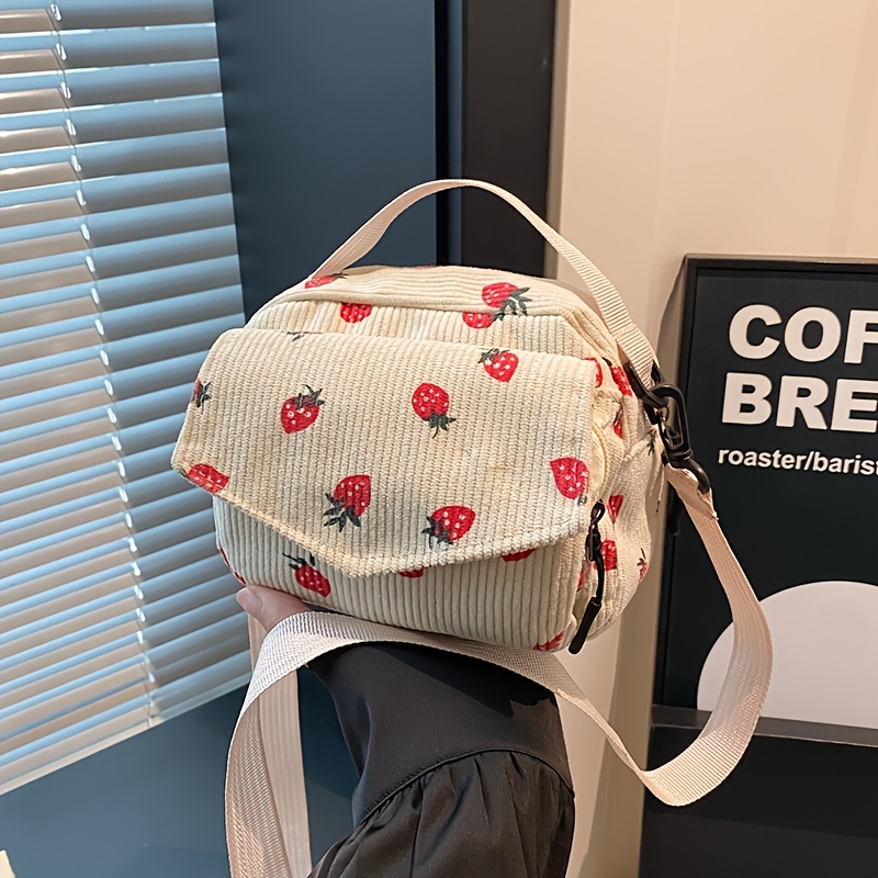 TEMU 2026 Strawberry Corduroy Tote Crossbody Bag, Single-shoulder Fashion Small Square Bag For Women
