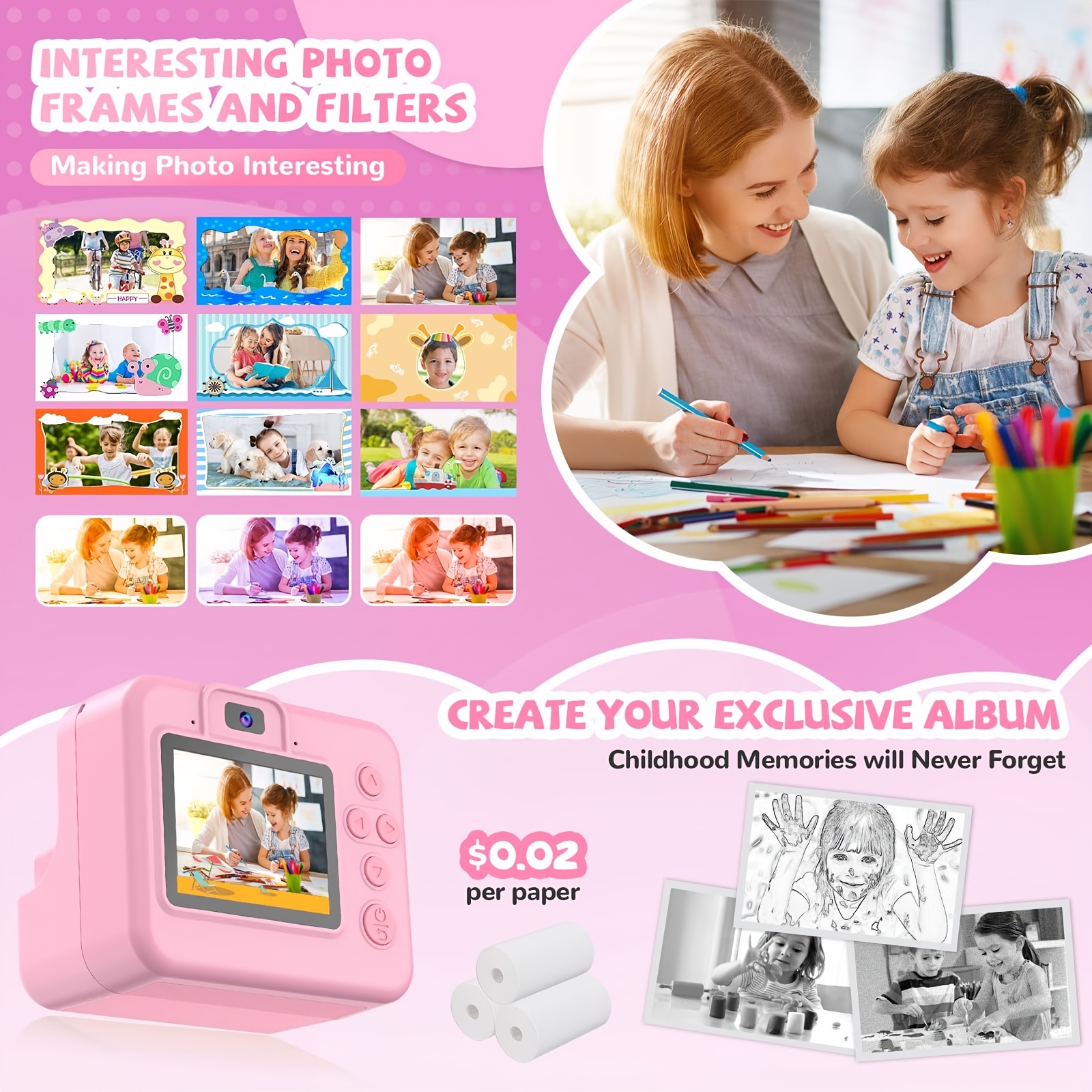 Kids Camera Instant Print Camera For Kids, Portable Camera That Print Photo, Instant Digital Camera For Kids Printing Camera Toy 3 4 5 6 7 8 9 10 Year Boy Girl Christmas Birthday Gift