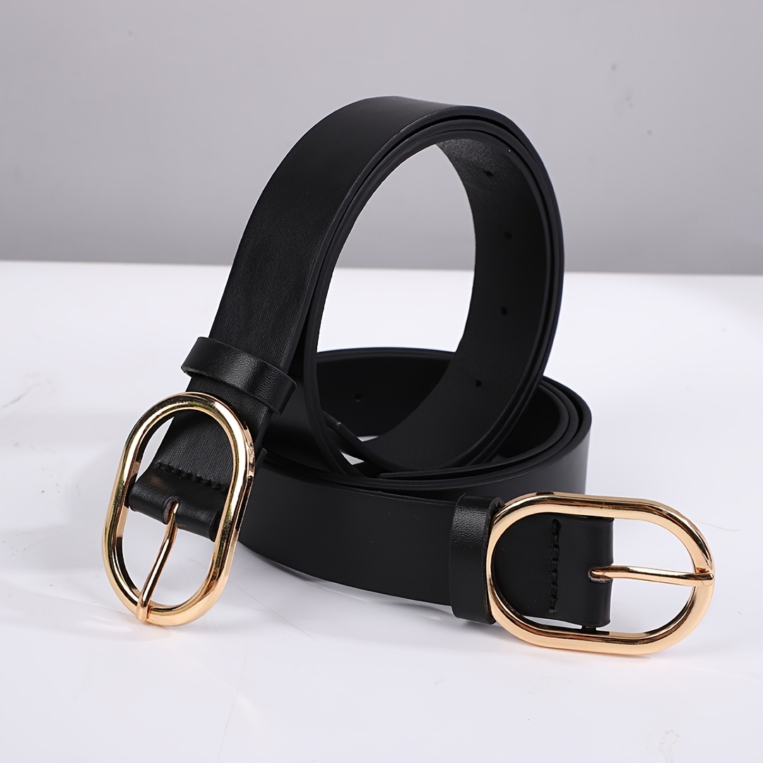 Women's Light Luxury Black Thin Belt with Golden Oval Buckle