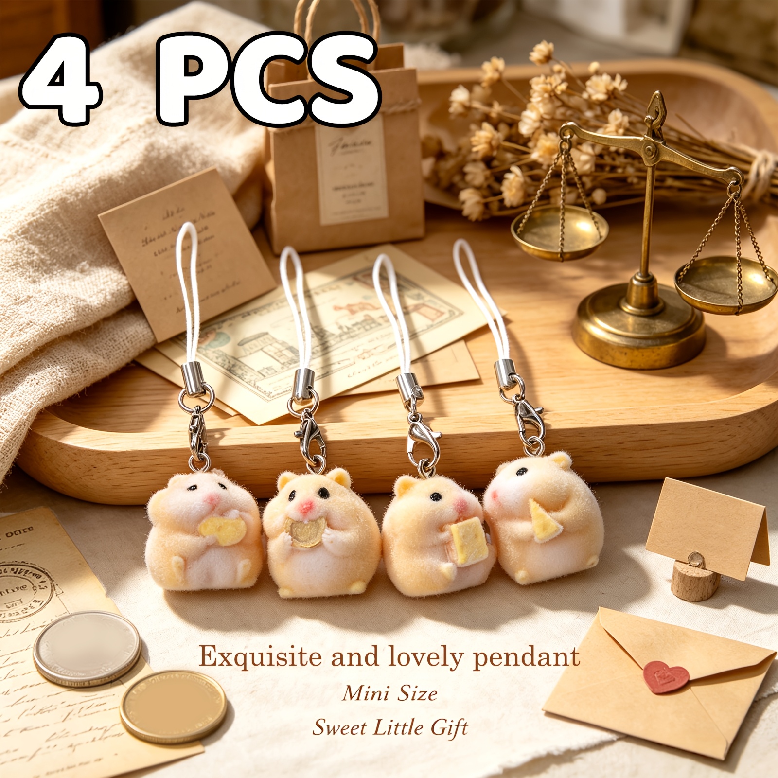 TEMU 4pcs Cute Flocked Mini Hamster Charms, Creative Little Hamster-shaped Bag Pendants, Couple's Pendants, Car Keychain Charms, Diy Keychain