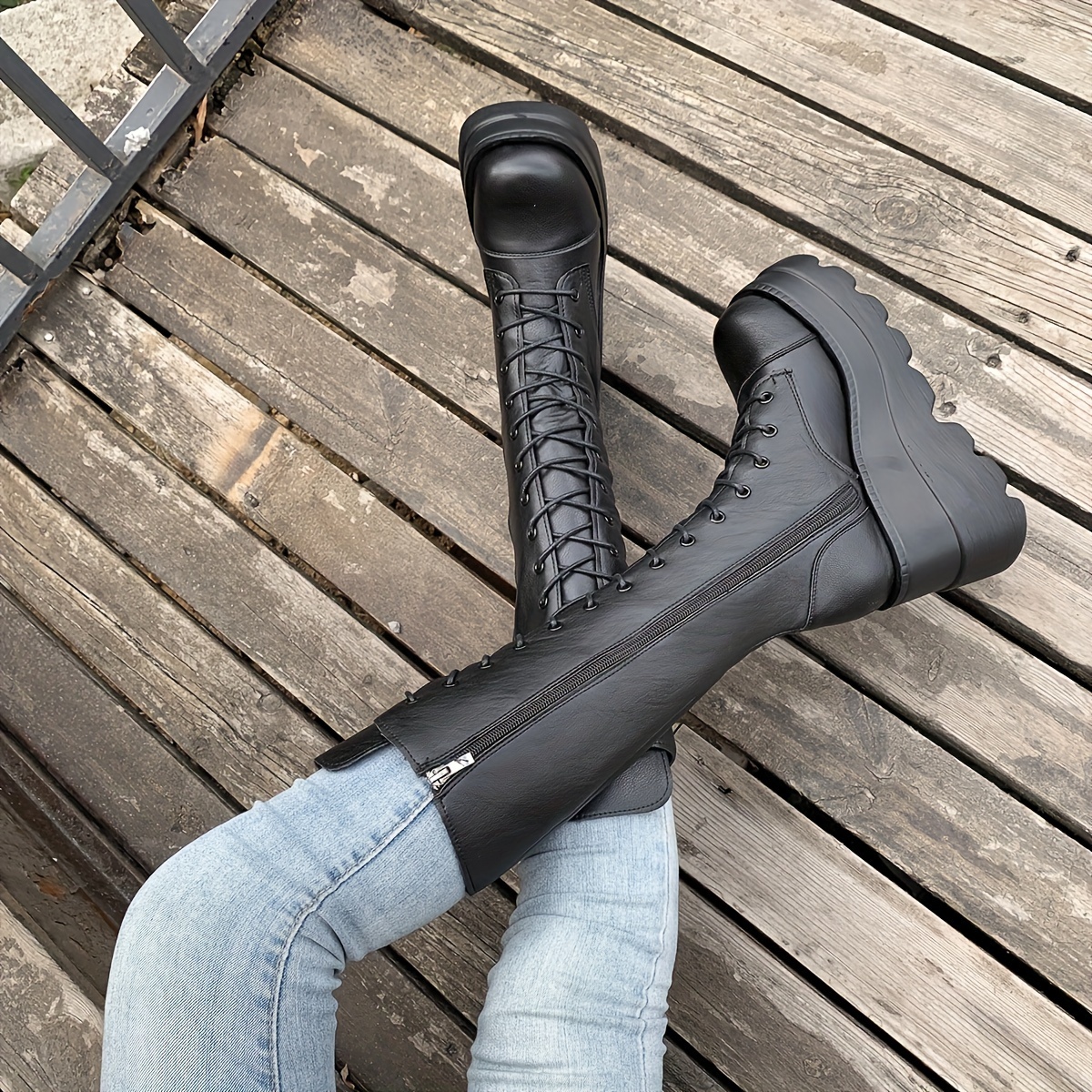 womens black platform wedge   calf boots fashionable lace up with thick sole comfortable fabric lining ideal for  
