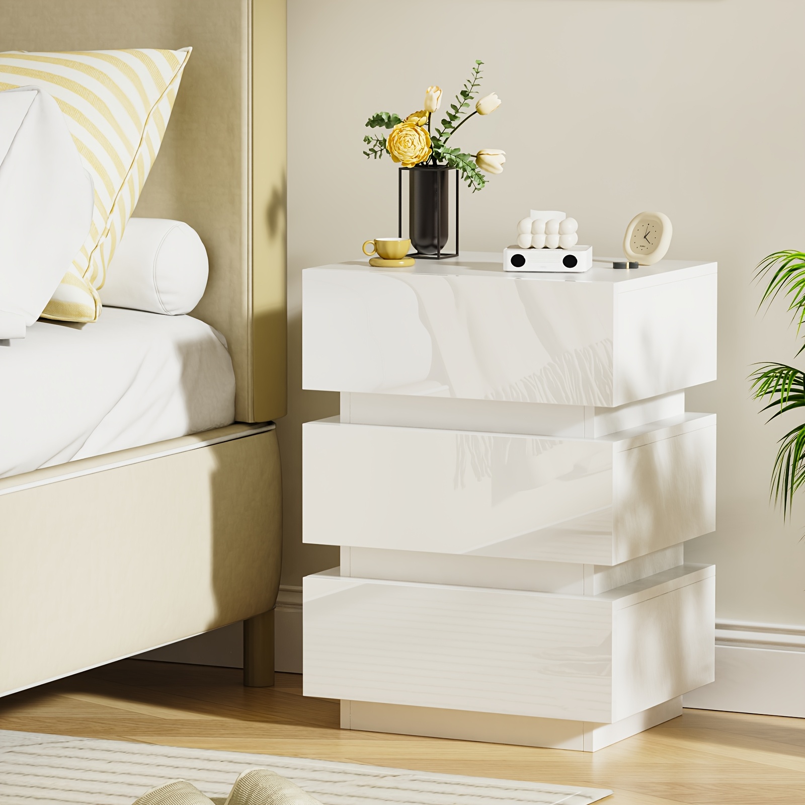 Modern White High-gloss Storage Cabinet With 3-drawer Compact Side Table - Wood, Spacious Drawers (≥3.2 Cu Ft), Space- For Hallway & Small Spaces, Assembly, Furniture (45x35x61cm) 27"+ Height