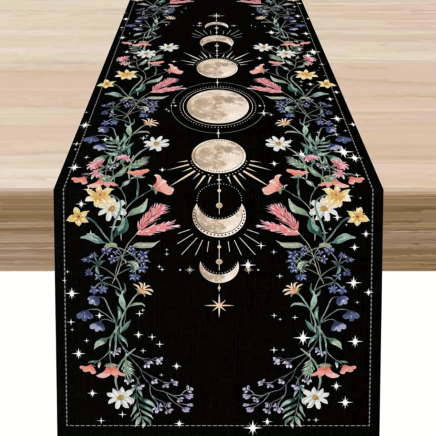 Image of 1pc, Linen Spring Wild Phase Seasonal Gothic Witch Mystical Coffee Table Center Decor For Home Kitchen Dining Holiday Party Indoor Outdoor Table Decorations 13x48/13x72/13x108 Inch, For Halloween