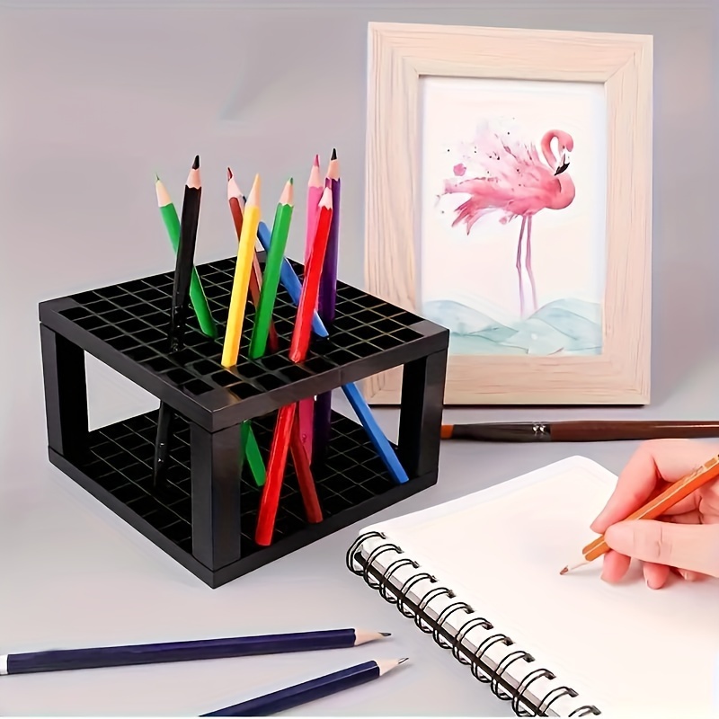 

96-grid Black Plastic Art Pencil Holder: Desk Storage, Portable, Detachable, Suitable For Watercolor And Acrylic Brushes, Ideal For Home, School, And Office Use