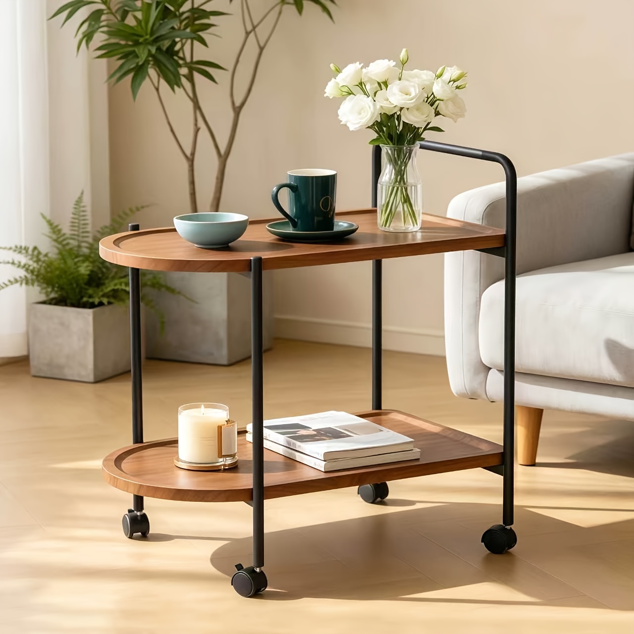 Image of Double-layer Wheeled Side Table, Brown Sofa Table, Casual Coffee Table, And Wooden Shelf, Suitable For Item Placement And Decoration Room