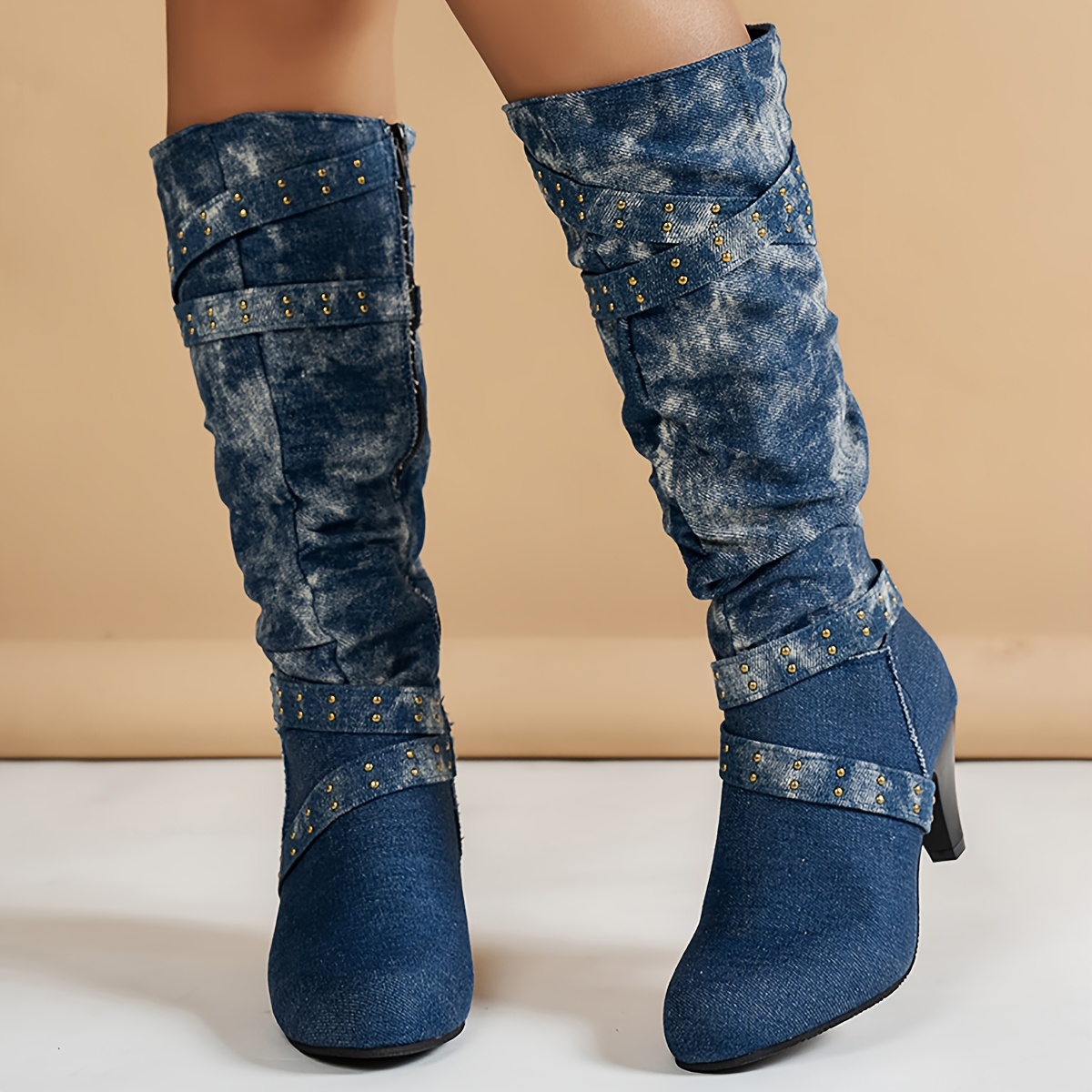 TEMU Women' Knee-high Boots, Stylish Denim Design With Rivets And Zipper Closure