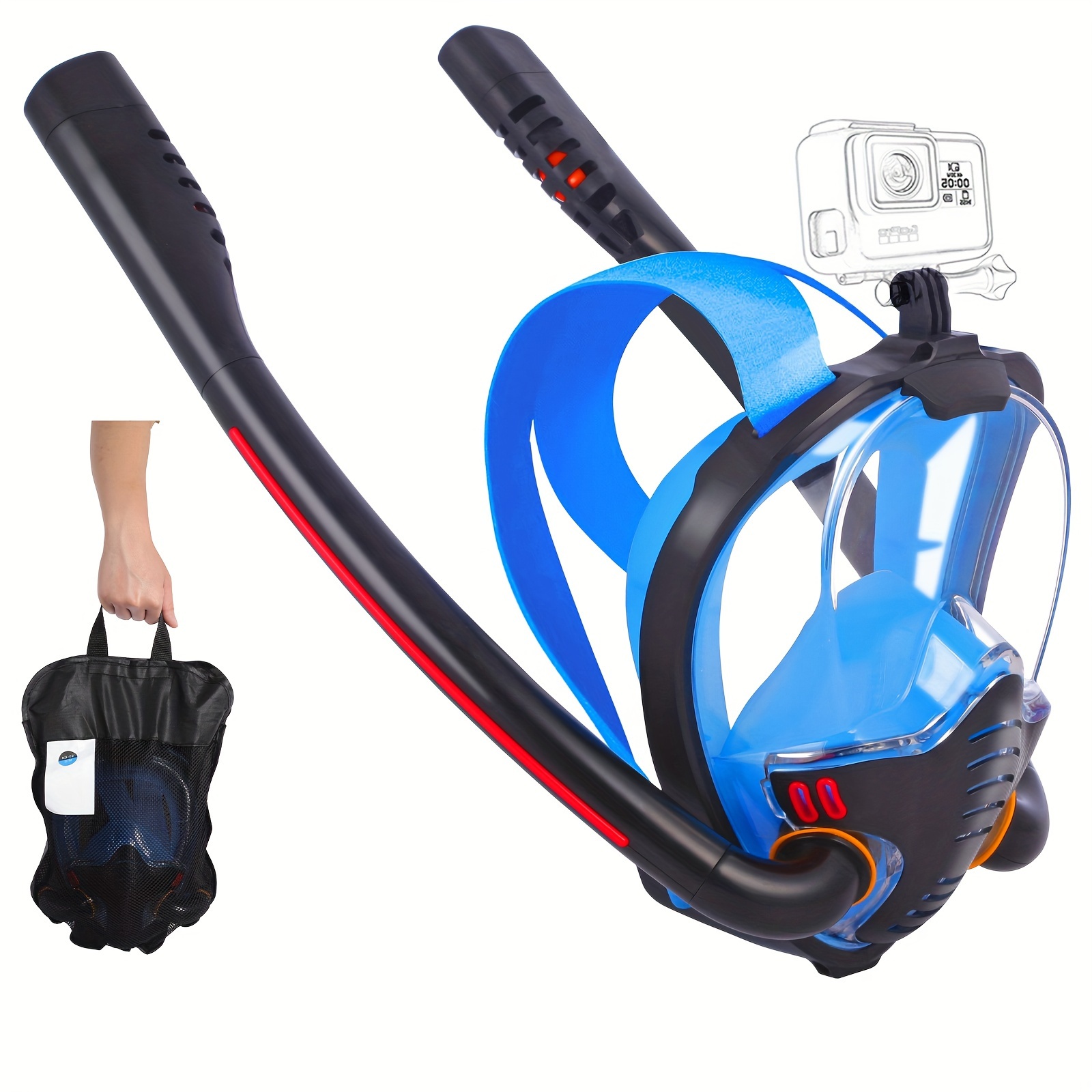 

Double Tube Snorkel Mask Full Face, Full Face Snorkel Mask Adult With Detachable Camera Mount, Snorkeling Mask 180 Panoramic Hd View Anti-leak Set With Adjustable Straps