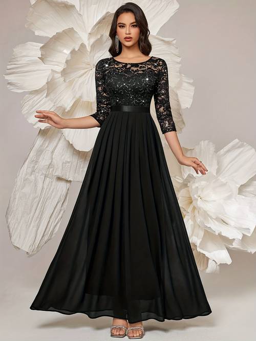 womens elegant lace sequin dress waist tapered satin ribbon underskirt chiffon pairing showcasing flowy