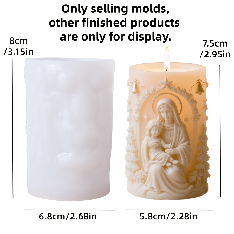 TEMU Molde para velas Virgen Jesús Tema Navideño Cilíndrico Aromaterapia Velas Molde de silicona Hermoso Virgen y Bebé Jesús Árbol de Navidad Campana