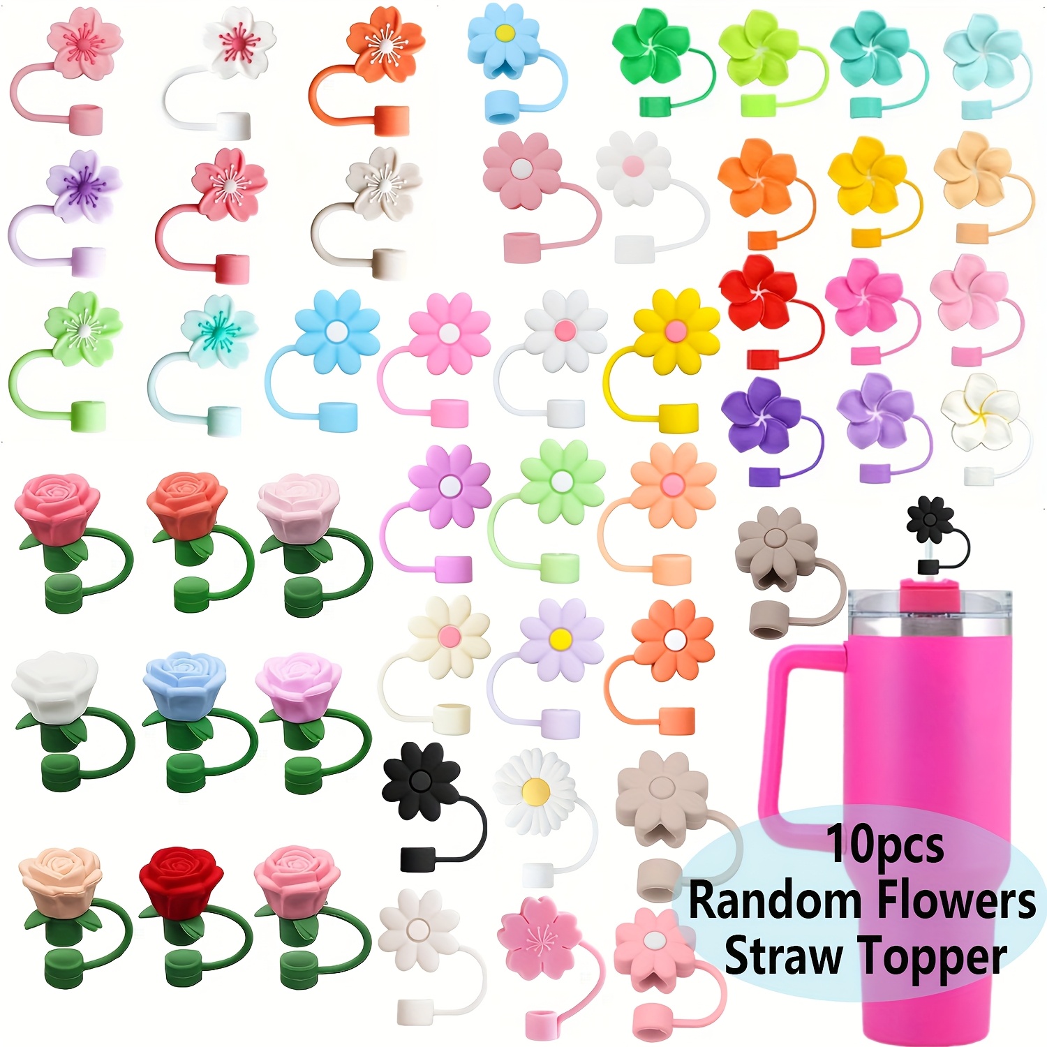 TEMU 50 Styles Of Random 10pcs Silicone Flower Straw Top Cover - Reusable Lid And Cover For 9-10mm Straws - Suitable For 30 And 40 Ounce Cups, Cute