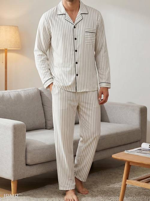 mens classic striped pajama set 2pcs soft long sleeve button top pants breathable loungewear with pockets machine washable