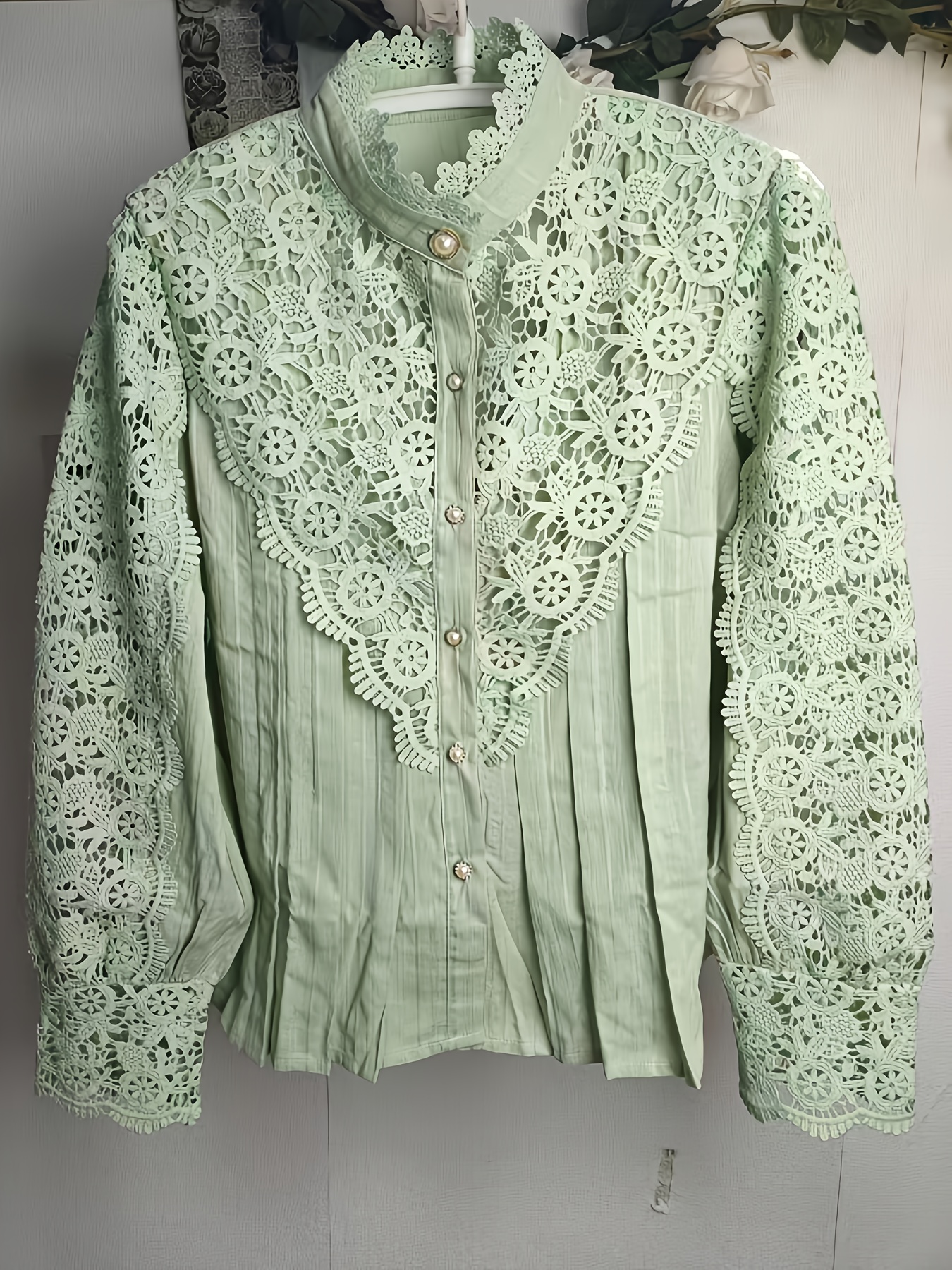 blouse en dentelle vintage femme boutons en perles manches Temu