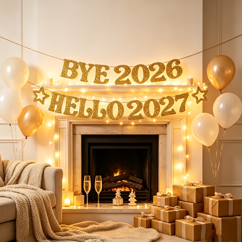 TEMU 1 Set Bye 2026 Hello 2027 Glitter Flag/star New Year Crossing Year Hanging Banner/new Year's Party Background Banner New Year Scene Decoration