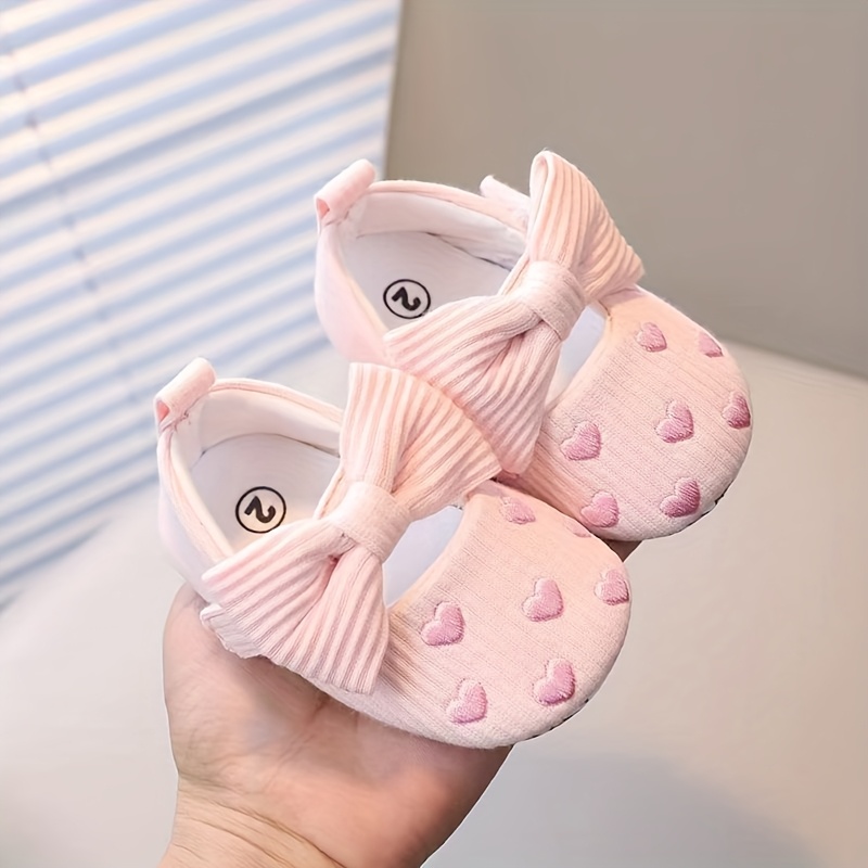 [1pr Casual Bow-Knot Mary Jane Shoes] Casual Bow-Knot Mary Jane Infant Shoes, Solid Color Fabric Upper, Slip-On Design, Non-Slip Soft Sole, Breathable, Lightweight, with No Lining, for Indoor, Party, Spring/Fall Season, Fashionable Comfort for Baby Girls