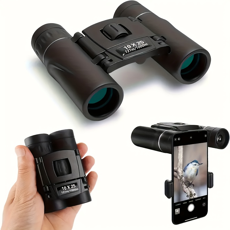 TEMU 10x25 Binoculars For Adults And Kids, High Powered Mini Pocket Binoculars With Phone Adapter, Compact Binoculars For Bird Watching, Hunting,