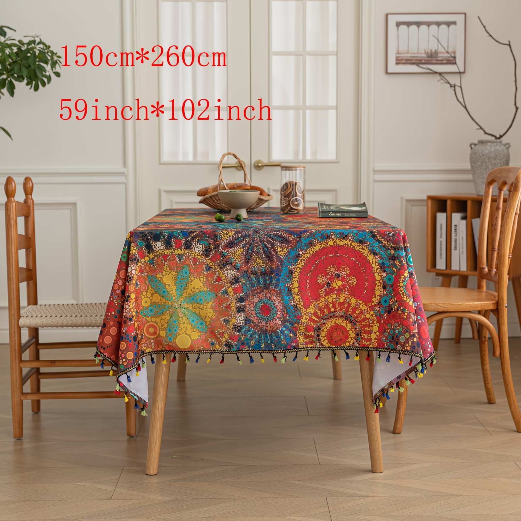 Image of Vibrant Red Polka Dot Bohemian Tablecloth With Tassels - Stunning Geometric , Washable, Durable, And For Festive Gatherings, Everyday Meals, And Outdoor Parties - Handcrafted For A