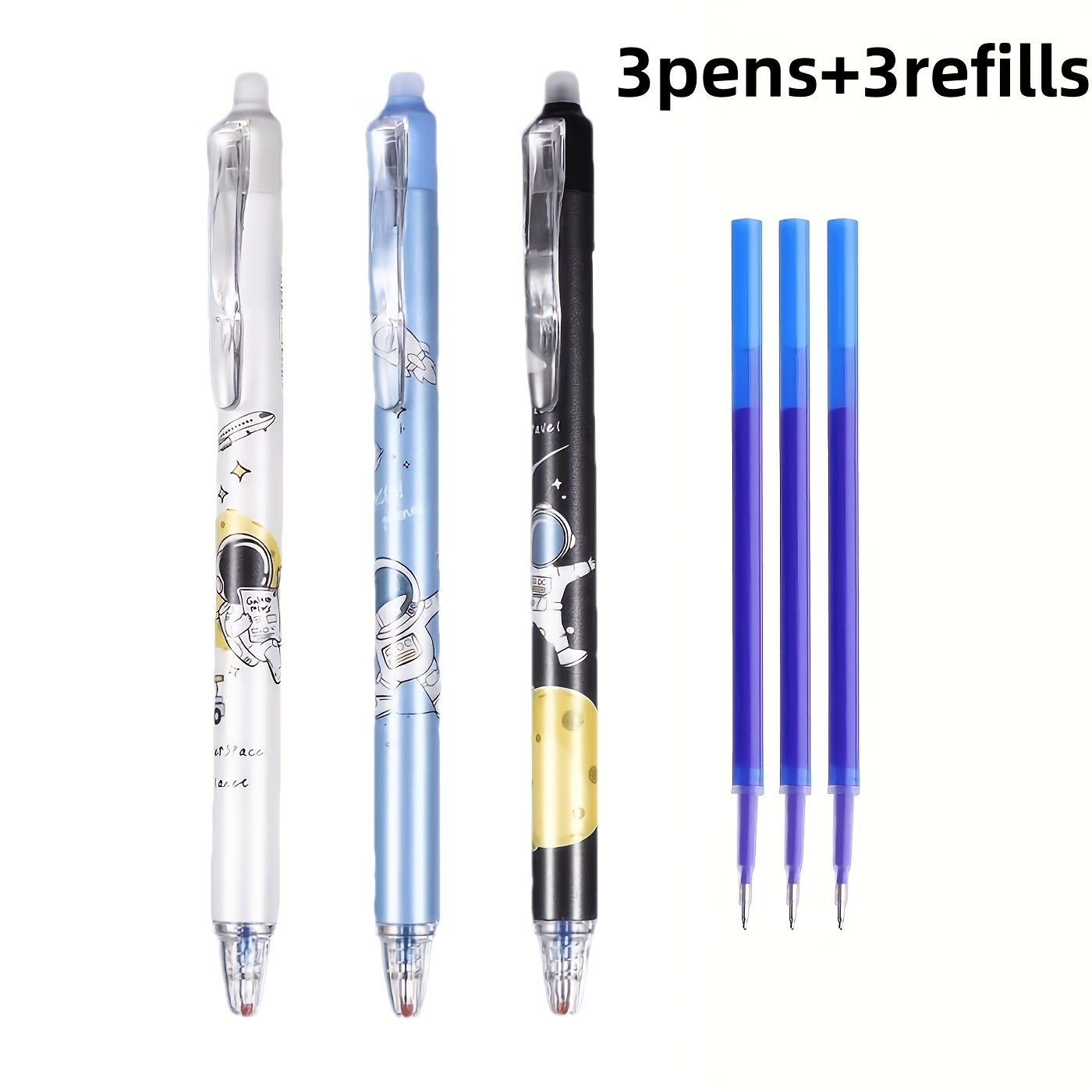TEMU Ensemble effaçable 6 pièces d'astronaute, pointe fine 0,5 mm, encre bleue, gomme intégrée, parfait pour de notes et l'écriture, fournitures