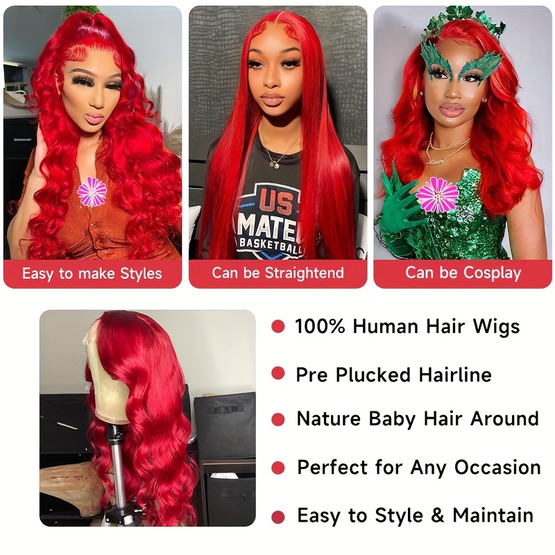 13x4 Red Wig Human Hair 150 Density Bright Red Lace Front Temu