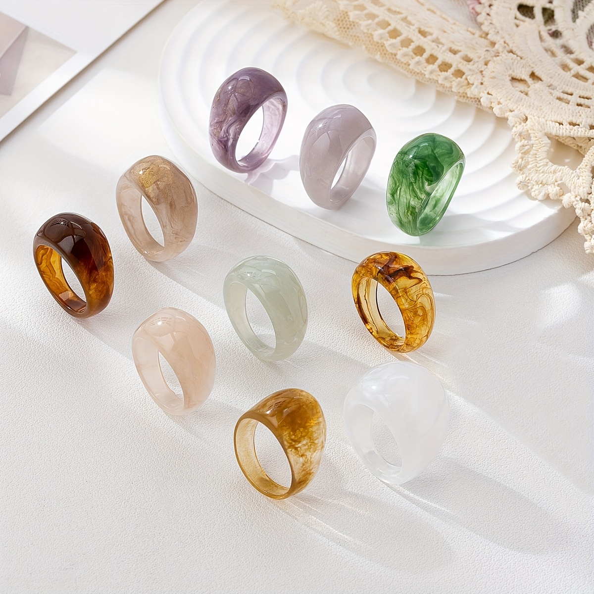 10pc Bohemian Style Fresh Pastel Resin Ring Set
