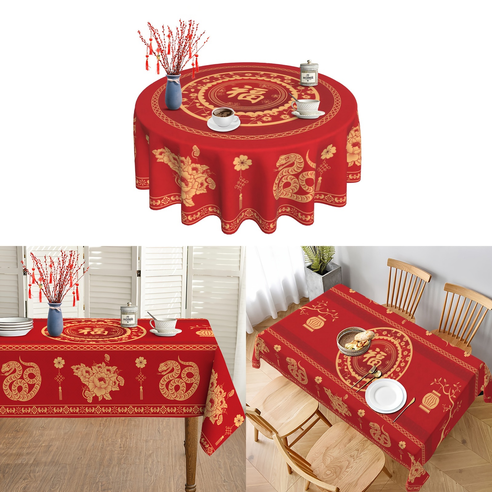 

1pc Polyester Tablecloth - Chinese New Year Decor With Golden Snake, Lantern, And Flower Patterns - Machine-woven, 100% Polyester, For Home, Kitchen, Dining, And Picnic Decoration