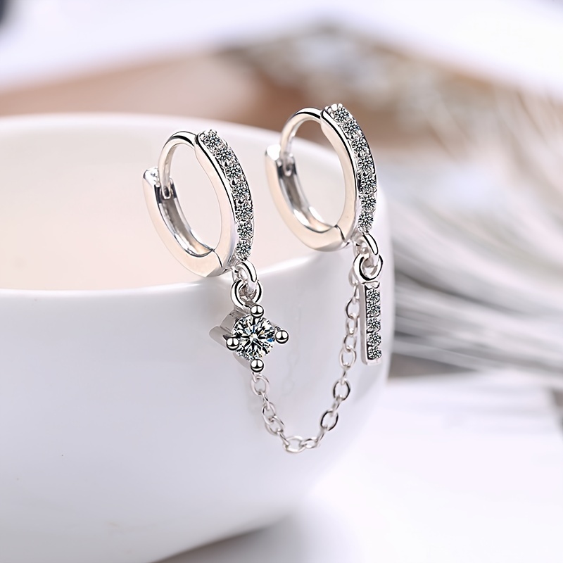 

Elegant Double Hoop Earrings With Zirconia Pave Detailing And Chain Connector, Copper Base With High-quality Plating, Versatile For Daily And Party Occasions - Twin Piercing Design