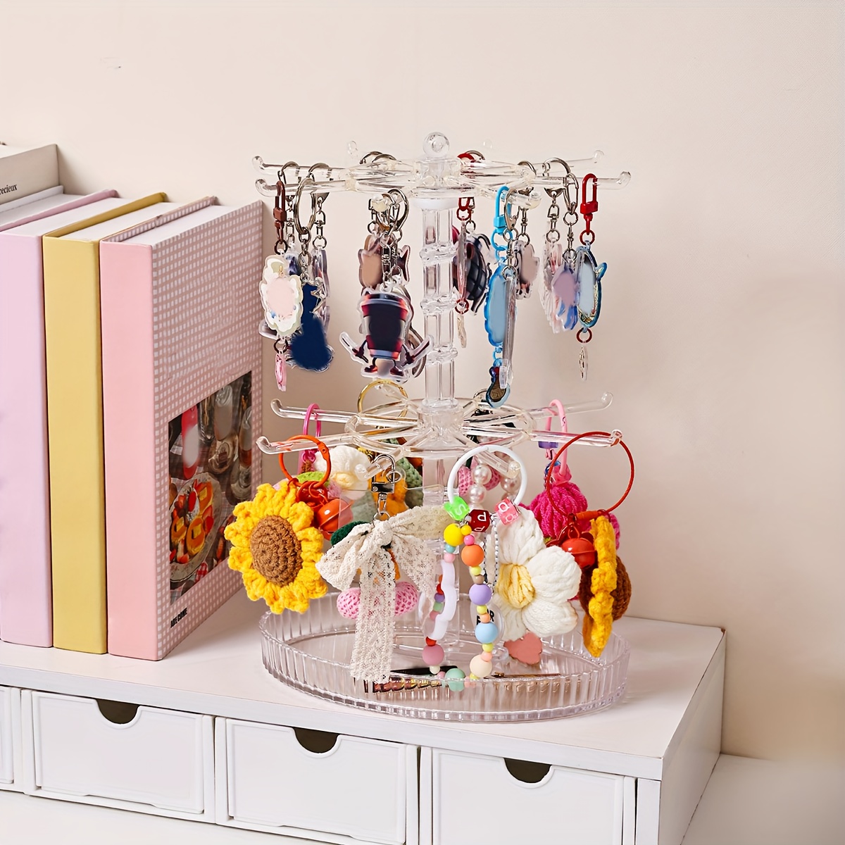 Black/Transparent Rotatable Key Hook Rack, Adjustable Height Jewelry Organizer
