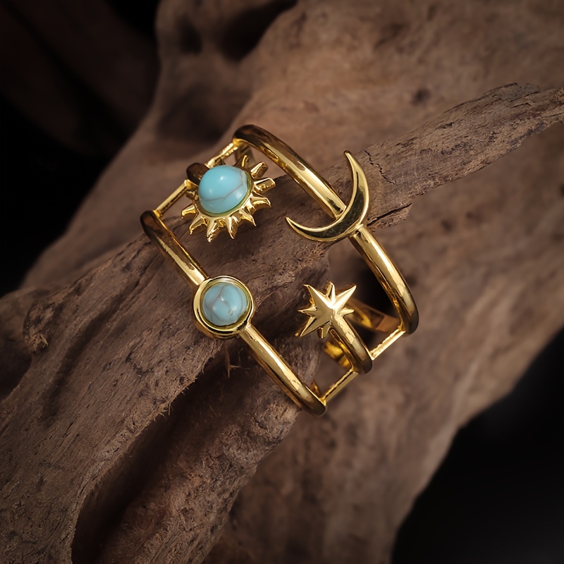 Adjustable Stainless Steel Ring with Moon Star Sun Turquoise Inlay