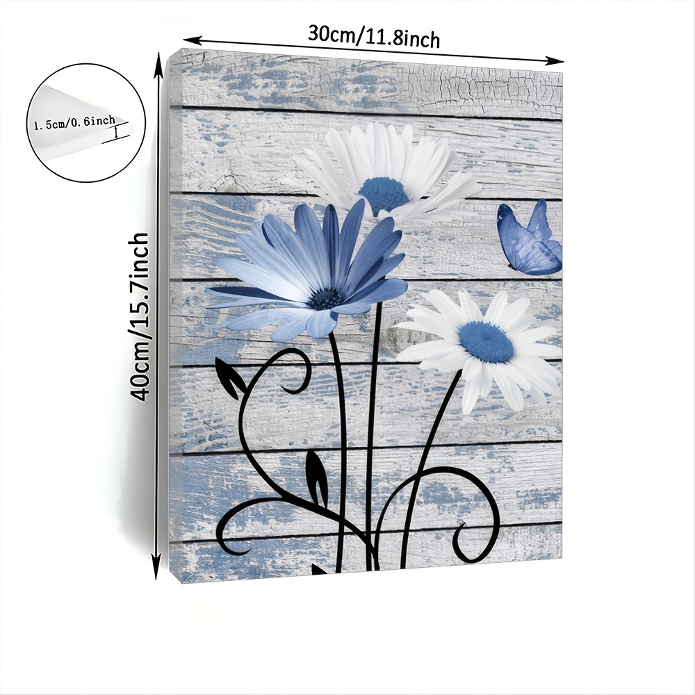 TEMU Toile sur Châssis Encadrée 2D à Plat, Pensées Bleues et Blanches avec Papillons - Cadre en Bois Enveloppant Adapté pour la Décoration du Salon,