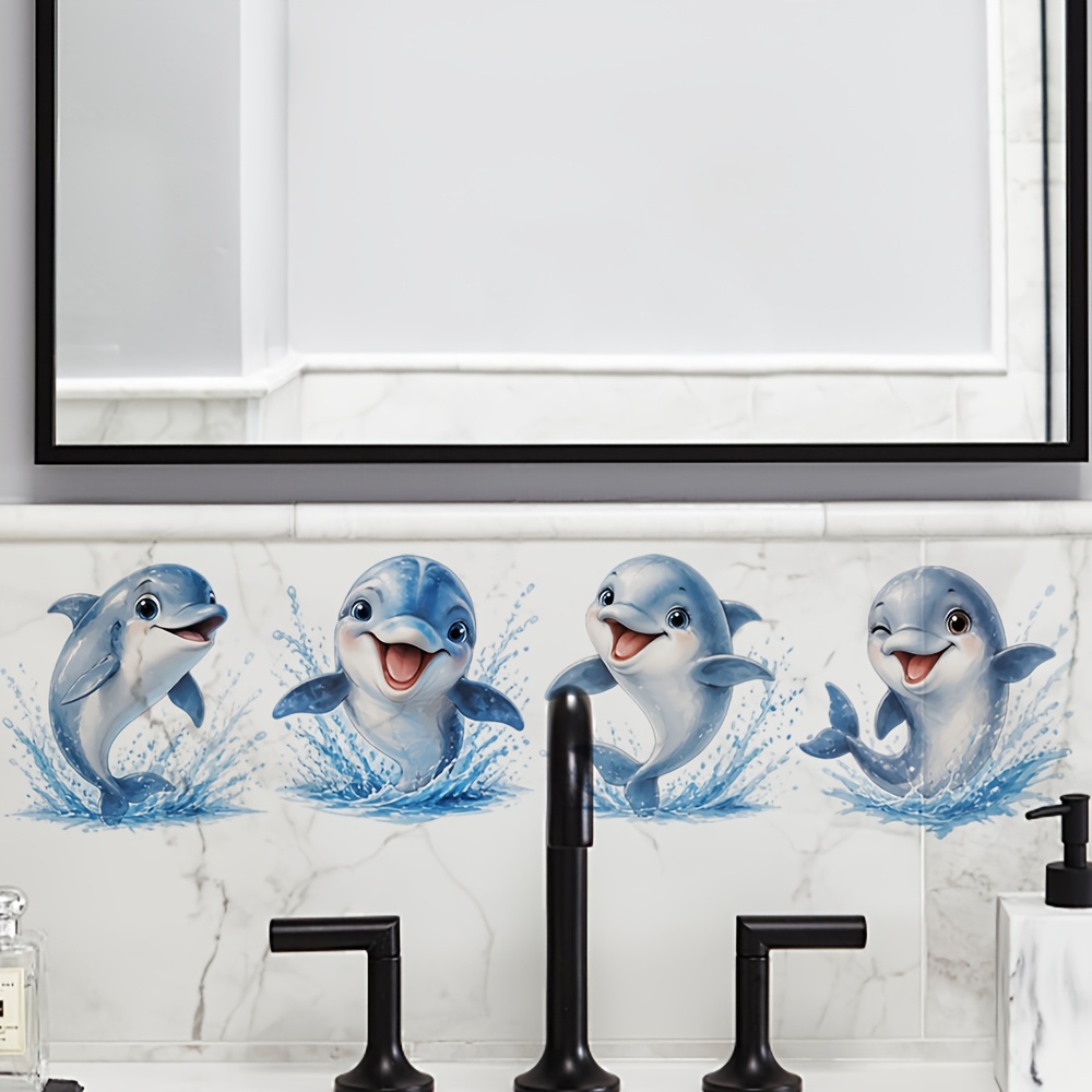 Image of 1pc Dolphin Wall Sticker For Kids' Room, Waterproof Bathroom Decoration, Cartoon Animal Decal, Creative Sink Wall Sticker, Children's Bathroom Home Decor