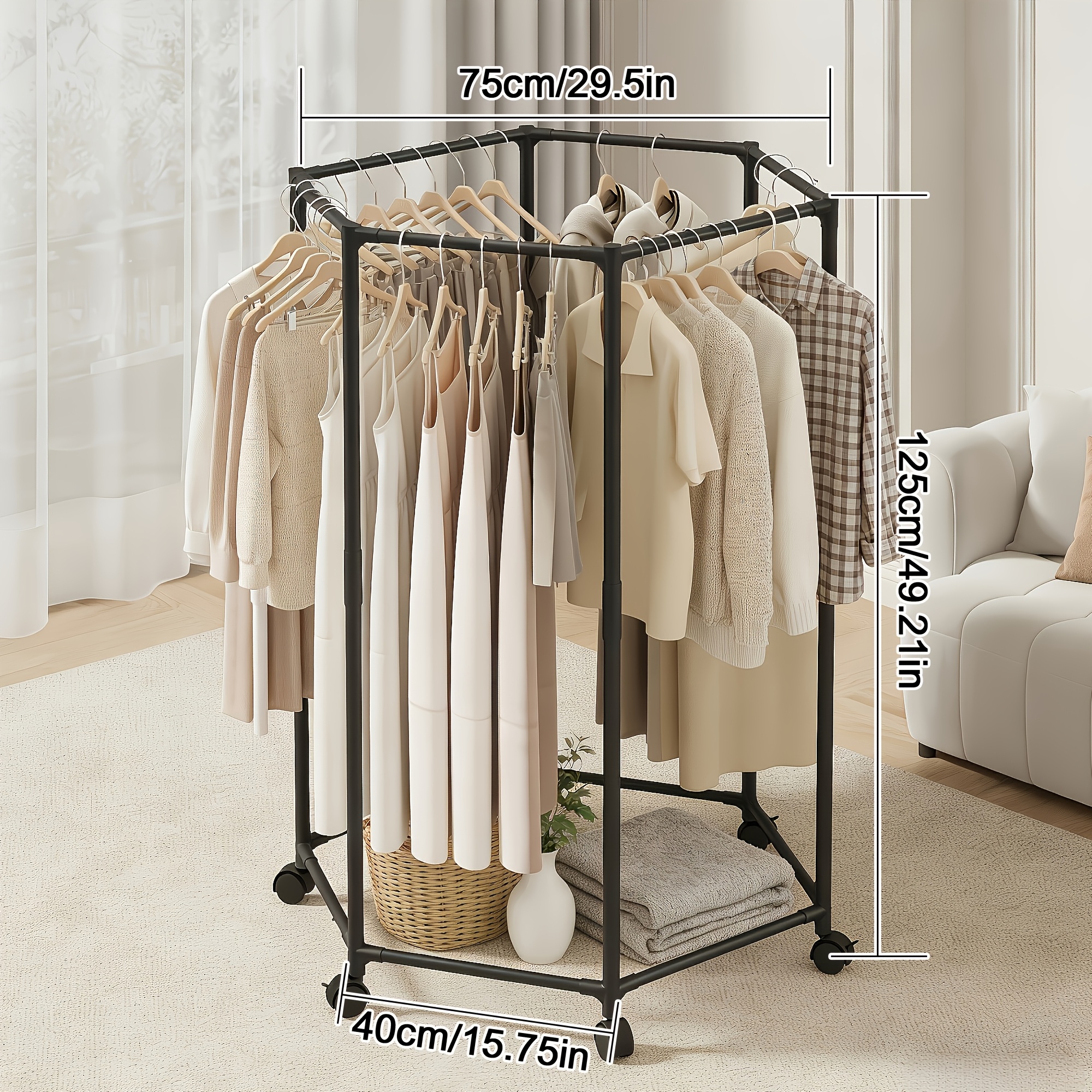 TEMU Hexagonal Rotating Clothes Rack With Wheels, Large-capacity Freestanding Garment Rack For Bedroom