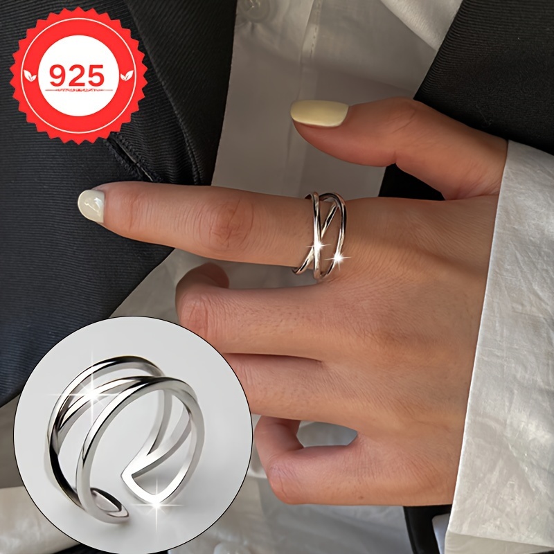 A Ring Made of S925 Silver Featuring a Geometric Three-Layer Line Cross Design, Embodying Minimalism. It Is Adjustable And Suitable for Everyday Wear, Parties, And Gifts - Elegant Jewelry Perfect for All Seasons