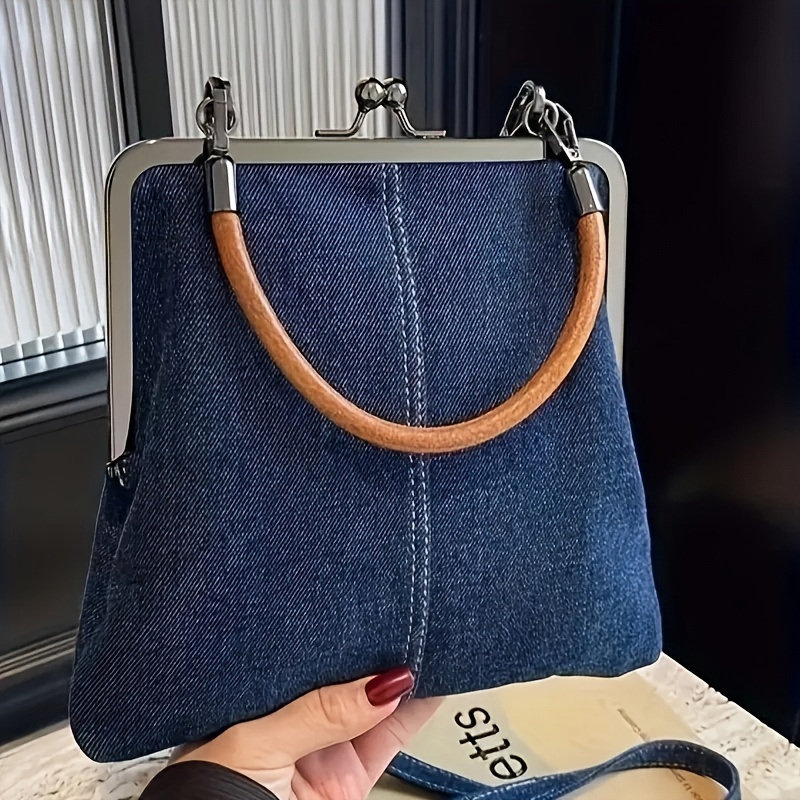 

1pc Women's Royal Blue Denim Messenger Bag With Twist Closure, Detachable Shoulder Strap, Foldable Handmade Purse With Tassel Trim, Solid Color Shoulder Bag, Polyester Lined, Hand Washable