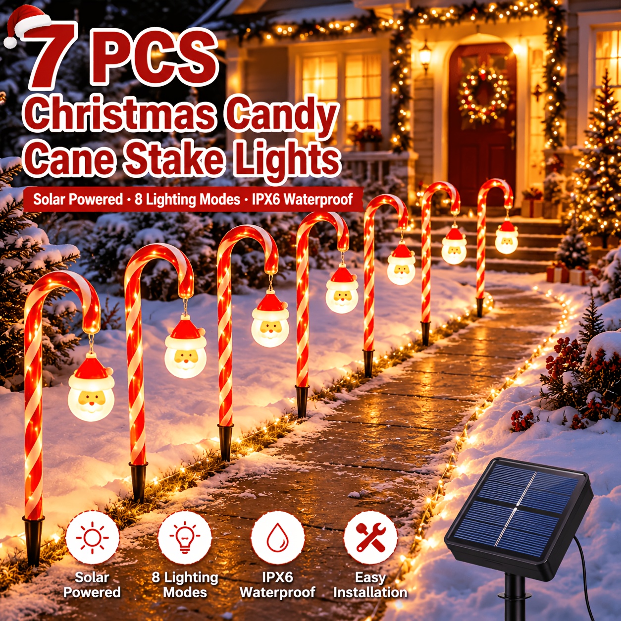TEMU 7/8/12pcs Solar Red Candy Cane Pathway Lights With Light Up , Stakes Included, 8 Lighting , Ipx6 ; Suitable For Yards, Walkways And Driveways;