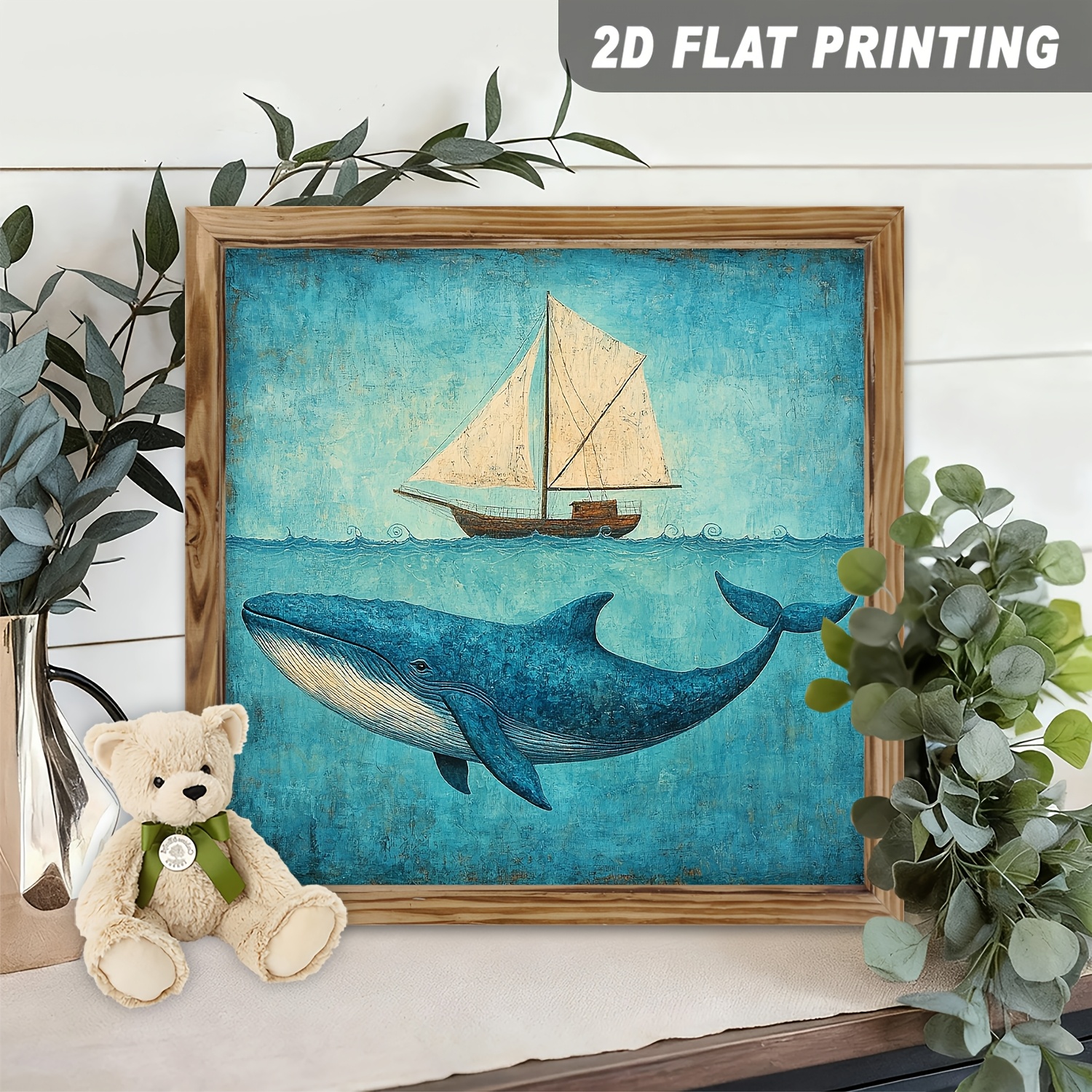 TEMU 2d Flat - Vintage Wooden Framed Sign Featuring A 2d Flat Design Of Whales And A Sailboat Ocean Scene, Perfect For Decorating Bedrooms, Living