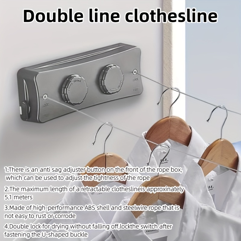 

Adjustable 5.1m Stainless Steel Retractable Clothesline - Indoor Invisible Roll-up Drying Rope With Anti-sag & Rust-resistant Features, & Small Apartments, Clotheslines