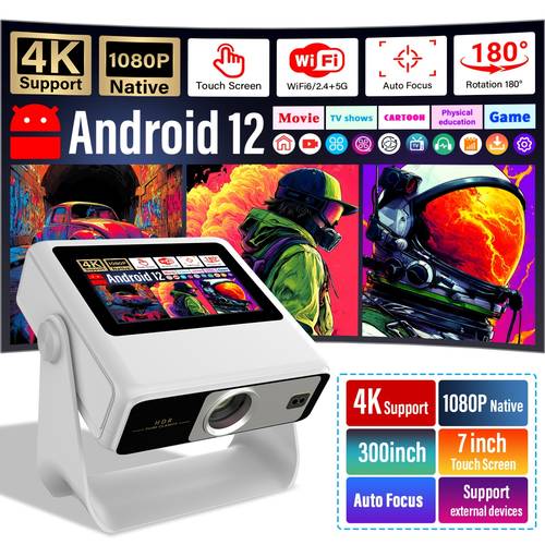 item picture smart projector compatible with 4k and true 1080 inch built in applications 7 inch touch display 12 automatic focus and keystone correction wifi 6 ideal for home workplace