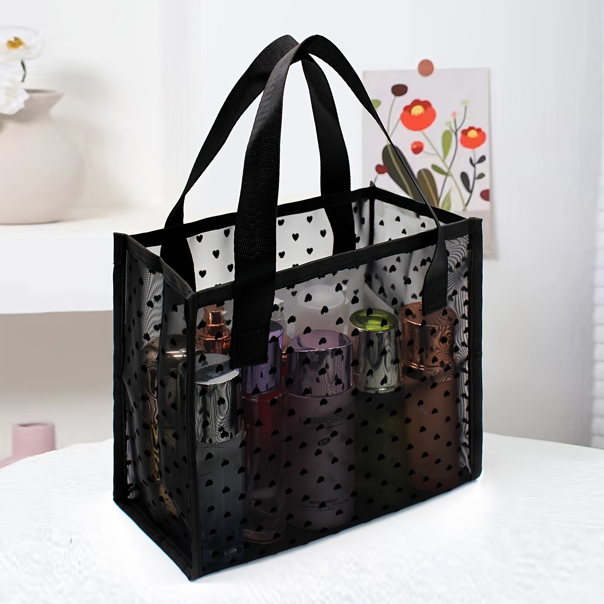 TEMU Fashionable & Minimalist Mesh Tote Bag Heart Decor Cosmetic Storage Bag Black Handbag For Women