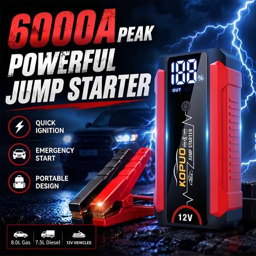 6000a 12v car jump starter with lcd display fast charge portable battery booster for 8 0 7 5l engines led sos strobe flashlight emergency kit for vehicles